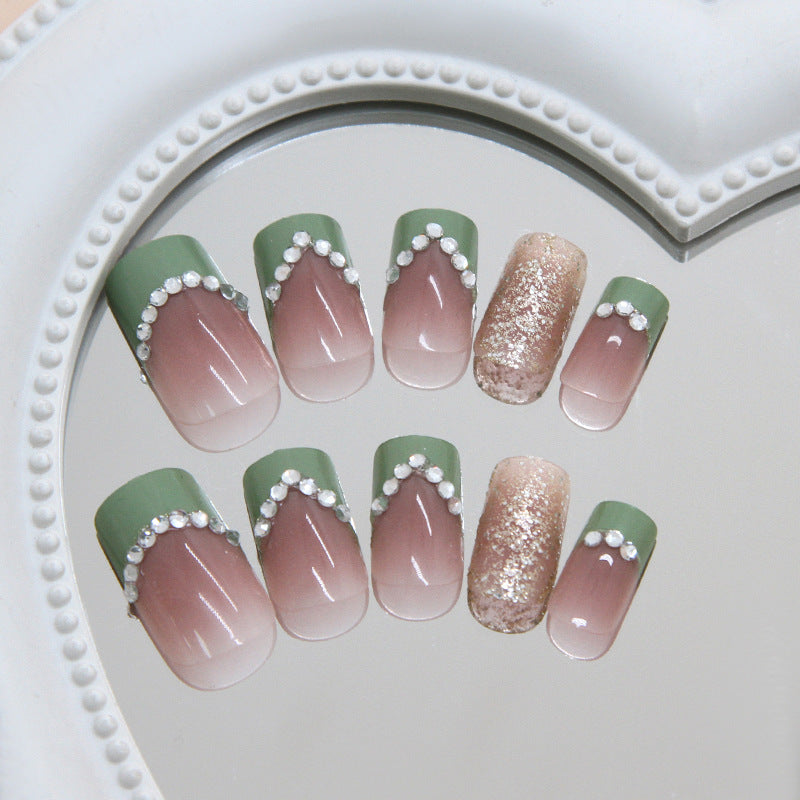 Elegant Garden Vibes Short Square Green Ombre Design with Pearl Accents Press On Nail Set