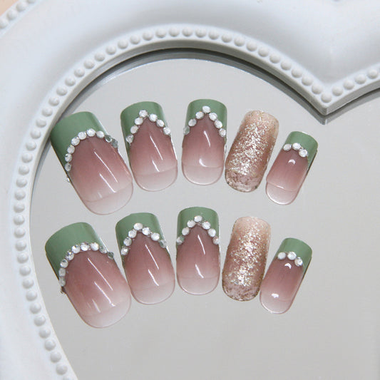 Elegant Garden Vibes Short Square Green Ombre Design with Pearl Accents Press On Nail Set