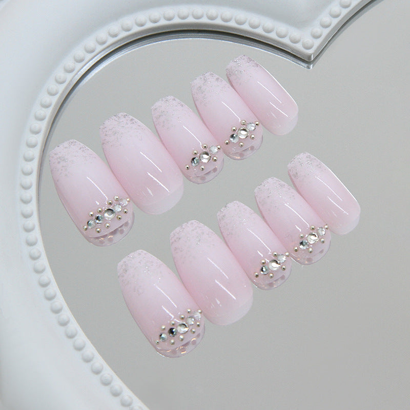 Dreamy Pastel Short Coffin Pink Nail Set with Sparkling Gem Accents