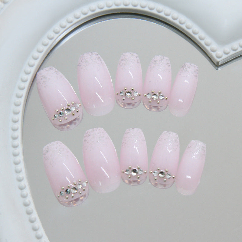 Elegant Blush Short Coffin Pink Press on Nail Set with Glitter and Gemstone Accents