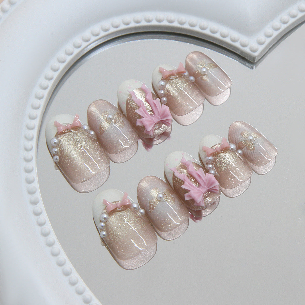 Charming Elegance Short Oval Pink Bow Accent Press On Nail Set