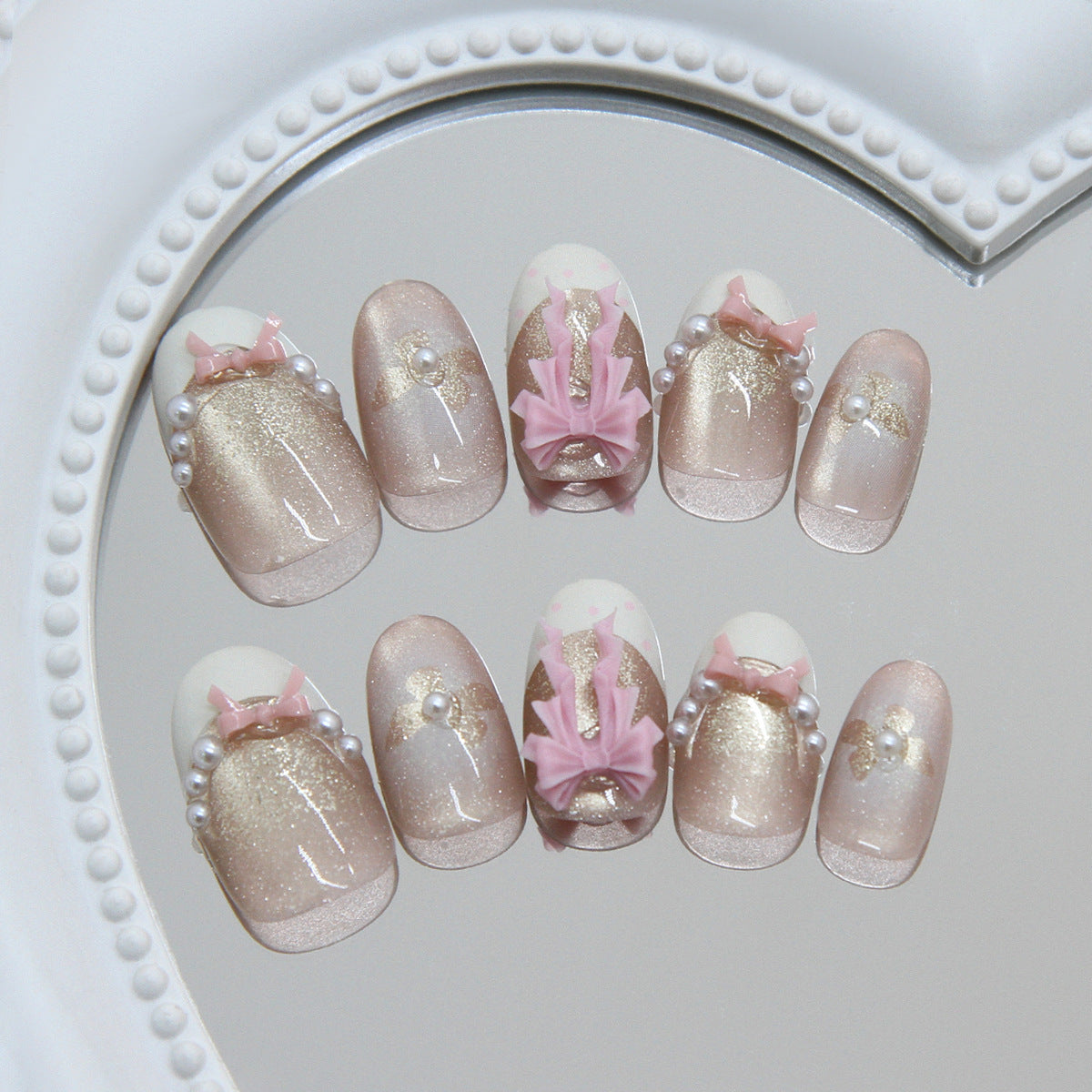 Charming Elegance Short Round Pink Glitter Press On Nail Set with Ribbons and Pearls