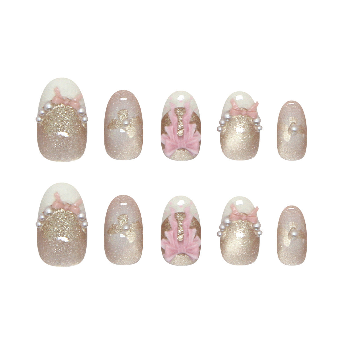Charming Elegance Short Round Pink Glitter with Pearl Accents Press on Nail Set