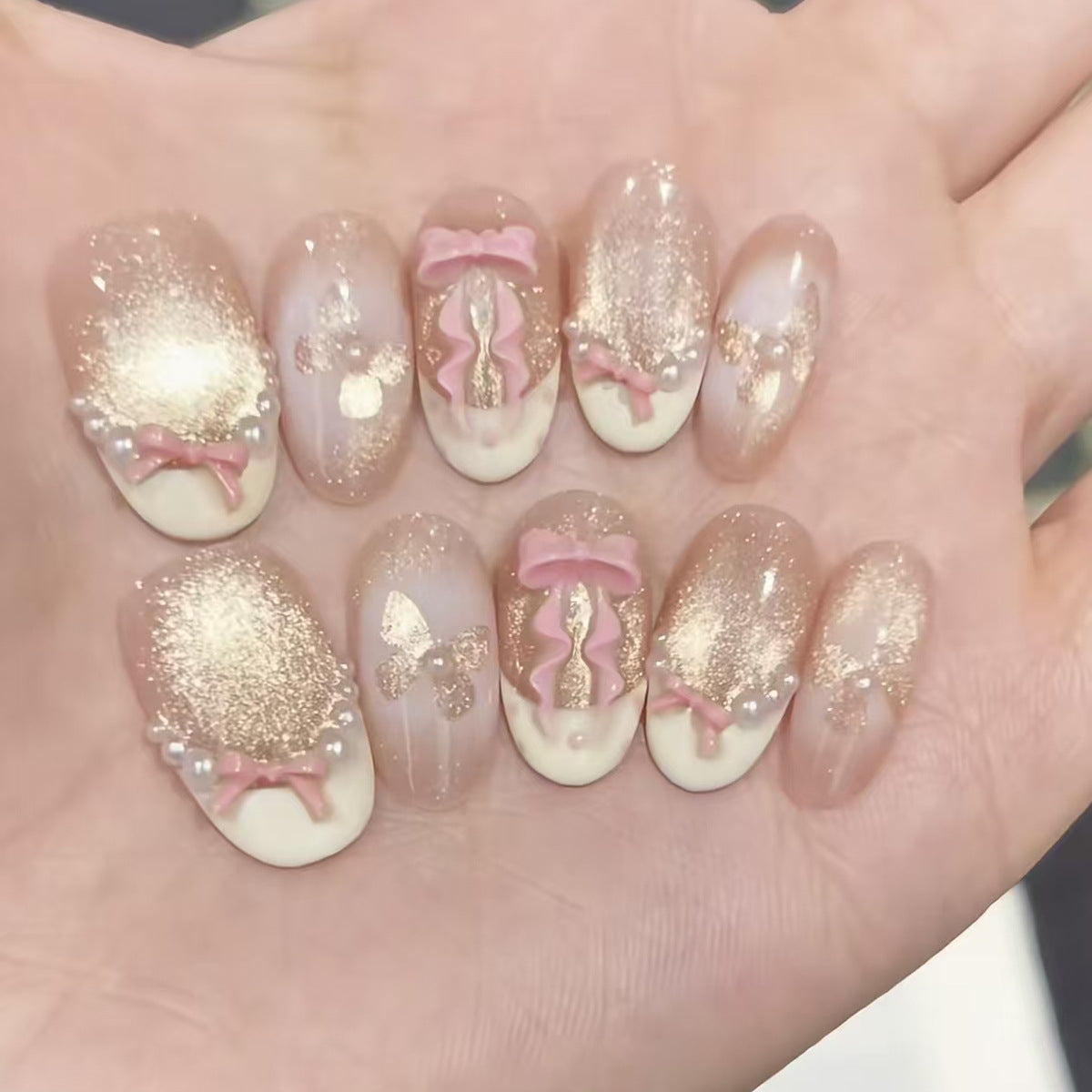 Charming Ballet Inspired Short Oval Glitter Press on Nail Set with Pink Bows and Pearl Accents