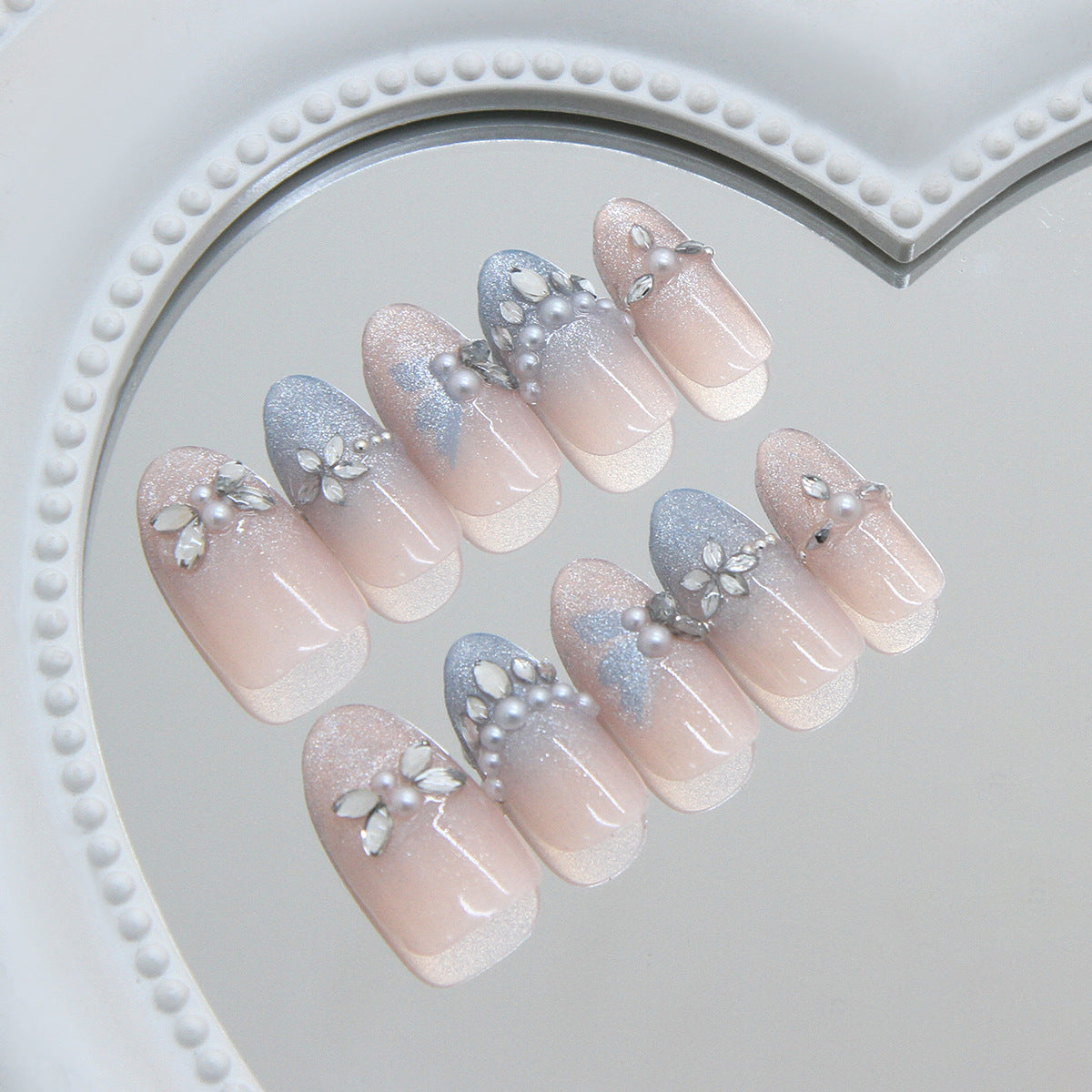 Elegant Dream Short Almond Clear Ombre with Gemstone Accents Nail Set