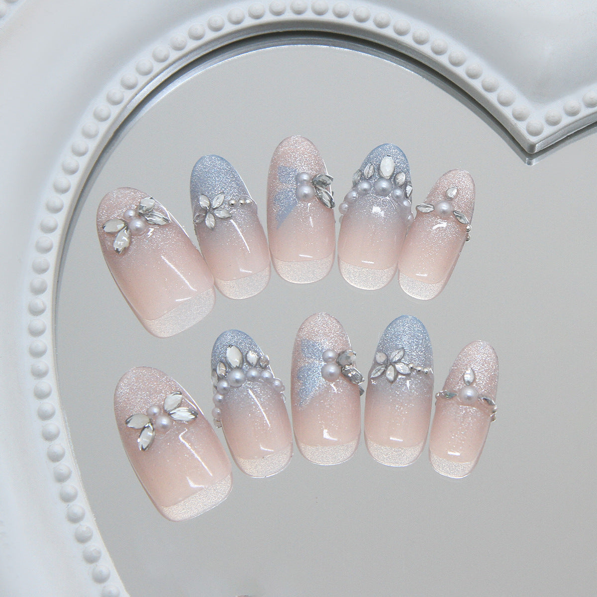Whimsical Elegance Short Almond Pink and Silver Ombre with Gem Embellishments Nail Set