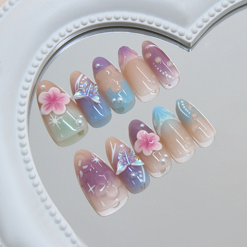 Whimsical Garden Medium Almond Pastel Nail Set with Floral Accents