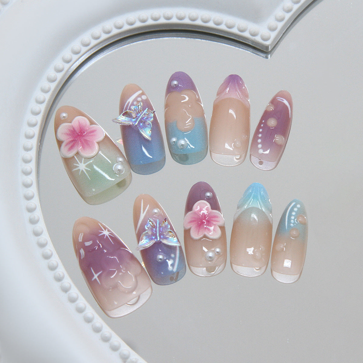 Dreamy Garden Vibes Medium Almond Ombre Pastel with Floral and Butterfly Accents Press on Nail Set