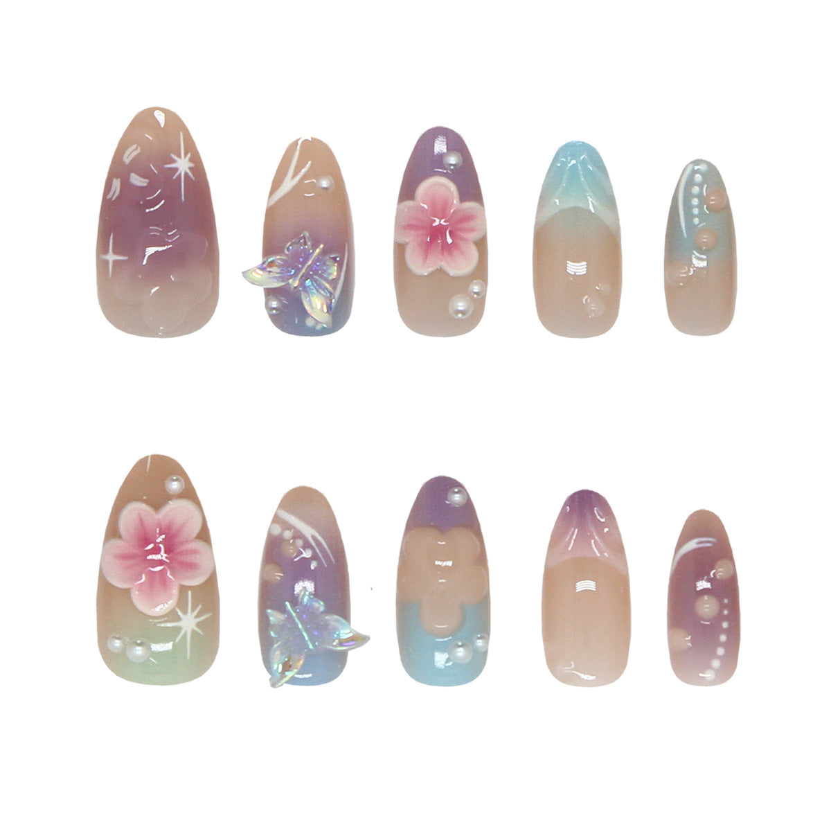 Whimsical Floral Medium Almond Ombre Press on Nail Set with Iridescent Butterfly Accents