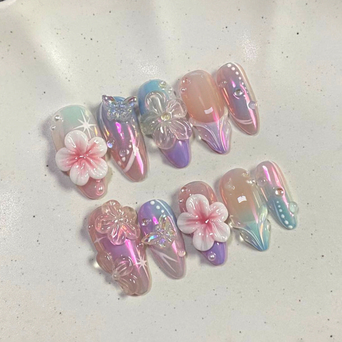 Enchanting Dreams Medium Stiletto Iridescent Floral Press On Nail Set