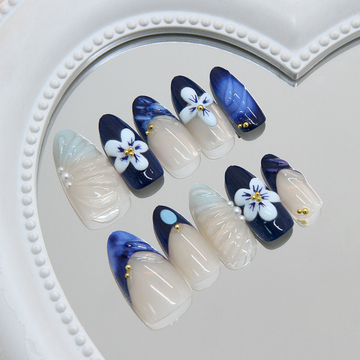 Enchanted Nightfall Medium Almond Blue Floral Press On Nail Set