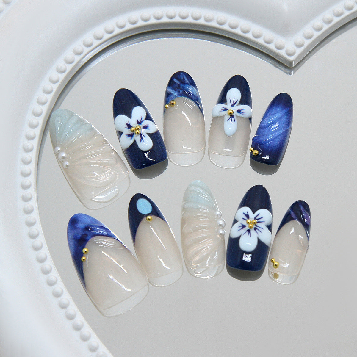 Charming Floral Design Medium Almond Blue and Clear Artistry Press On Nail Set