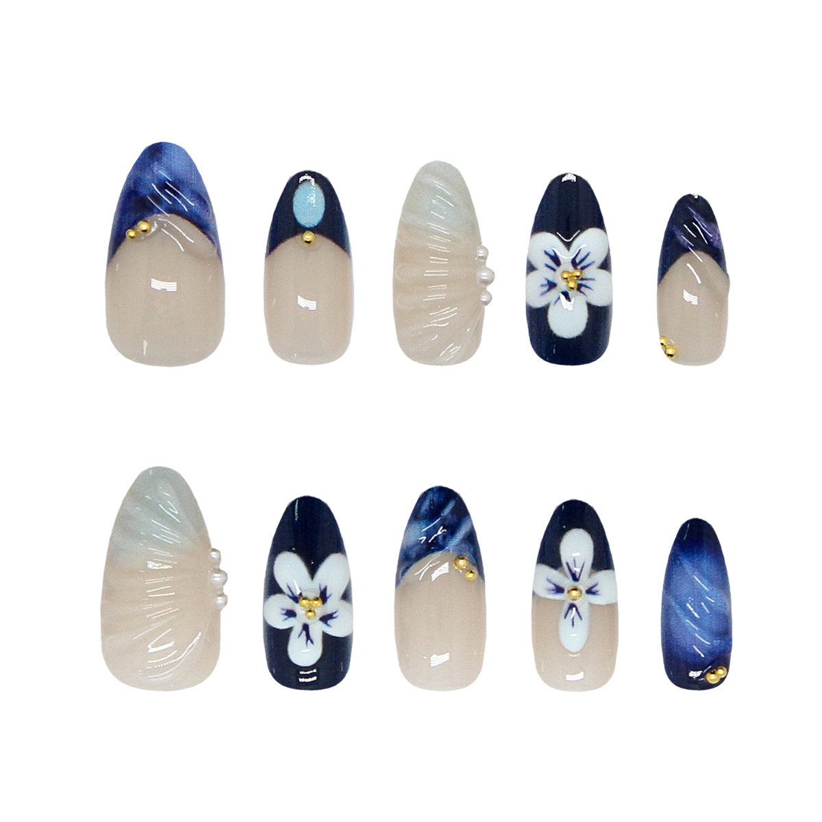 Elegant Night Sky Medium Almond Blue Floral Design Press On Nail Set