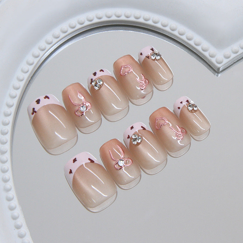 Charming Bunny Theme Short Square Beige Press On Nail Set with Elegant Design