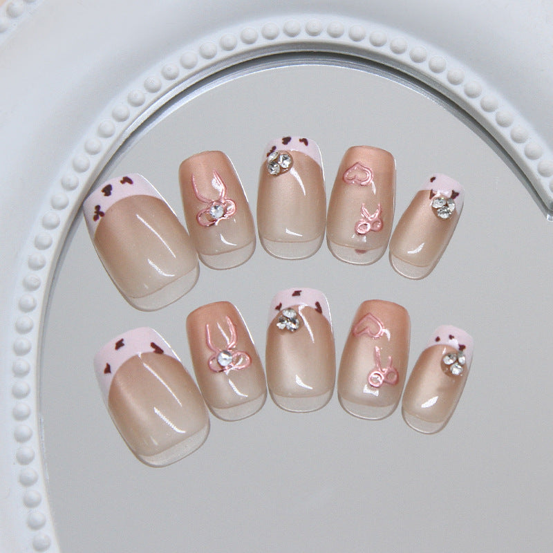 Whimsical Bunny Theme Short Square Soft Pink Press On Nail Set with Adorable Rhinestone Accents