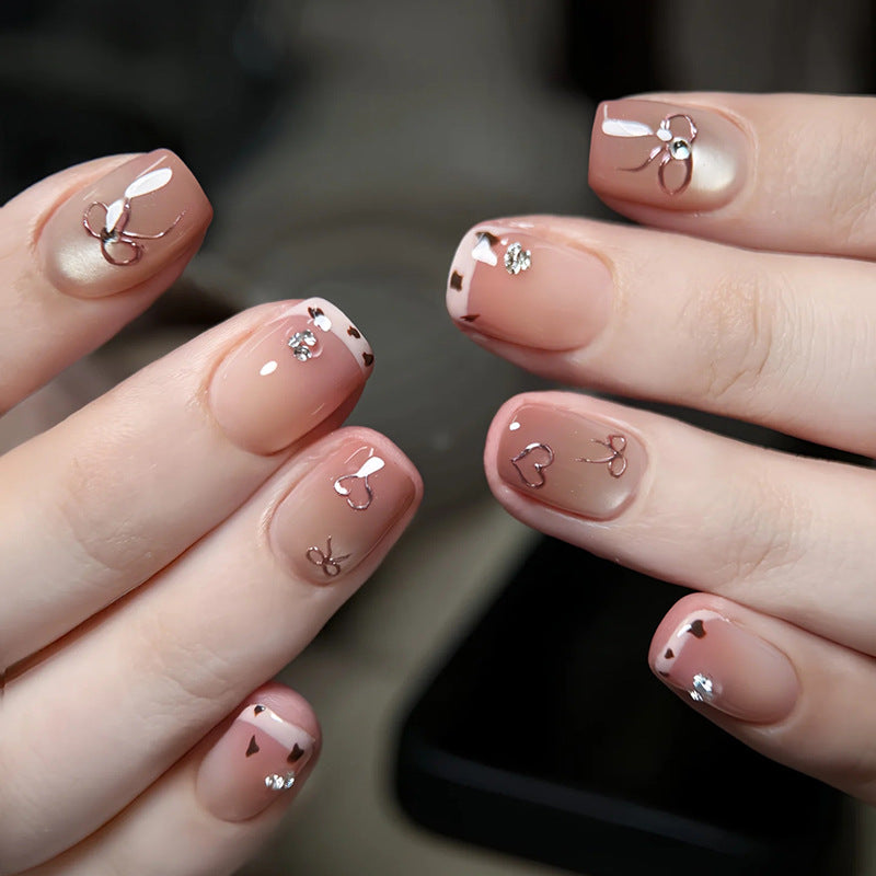 Charming Floral Short Square Beige Press on Nail Set with Rhinestone Embellishments