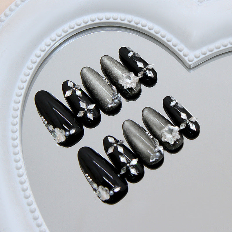 Elegant Evening Vibes Medium Almond Black with Sparkling Accents Press On Nail Set