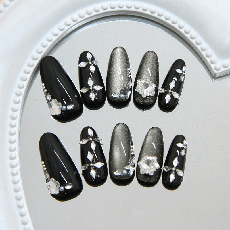 Glamorous Night Sky Medium Almond Black Press On Nail Set with Sparkling Gem Accents