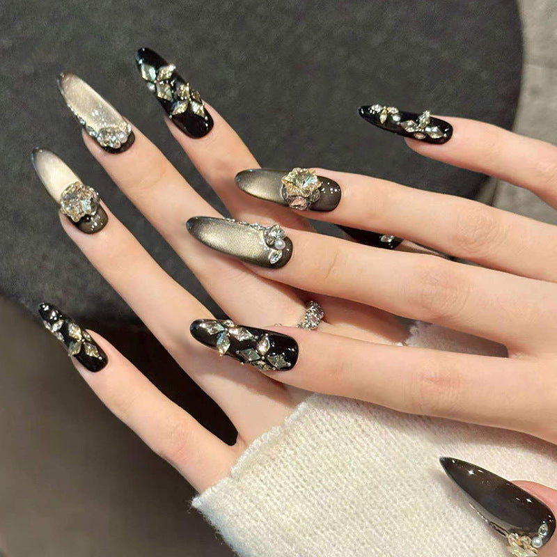 Chic Glamour Long Almond Black with Elegant Gem Accents Press On Nail Set