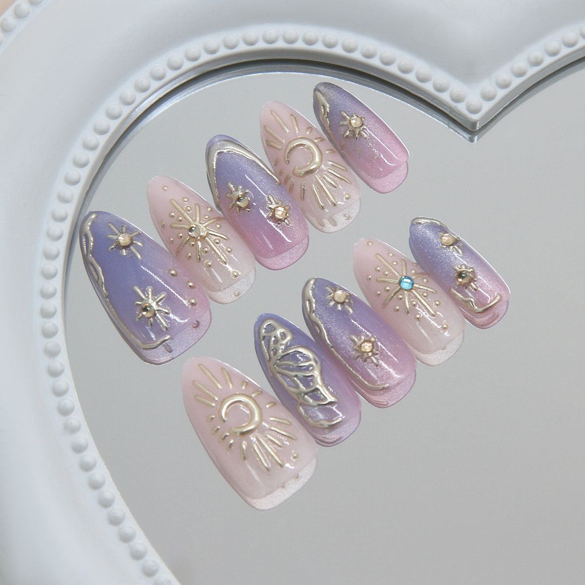 Celestial Dream Medium Almond Purple Ombre with Gold Accents Nail Set