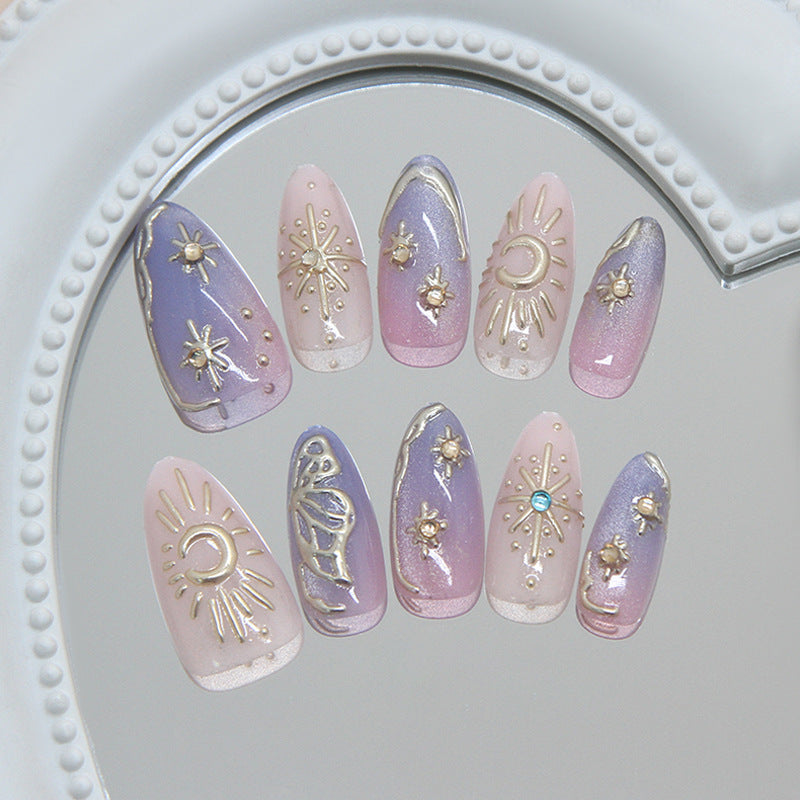 Celestial Dream Medium Almond Purple Ombre with Gold Accents Press Nail Set