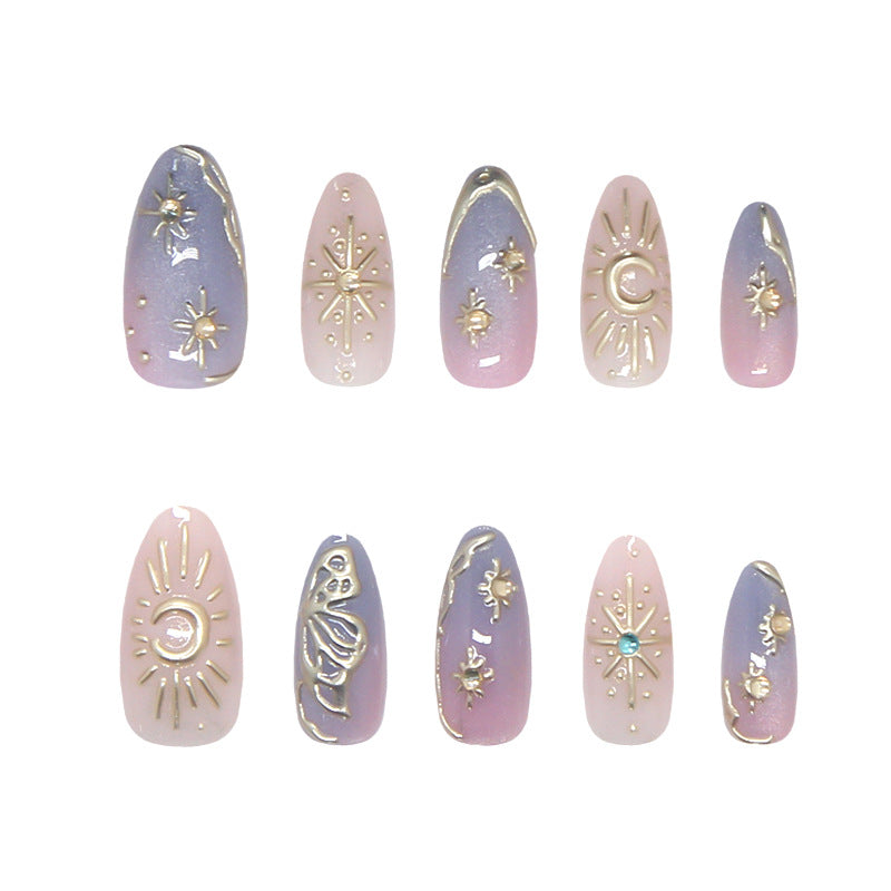 Celestial Dream Medium Almond Purple and Pink with Gold Accents Press on Nail Set