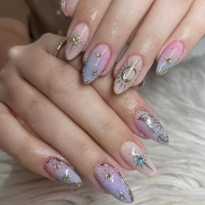Celestial Glamour Medium Almond Pink and Blue Gradient with Star Accents Press-On Nail Set