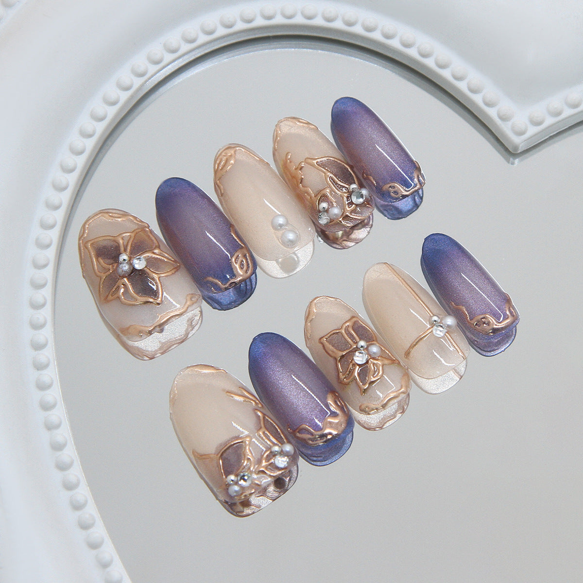 Elegant Floral Charm Medium Almond Lavender Ombre Press on Nail Set with Pearl Accents
