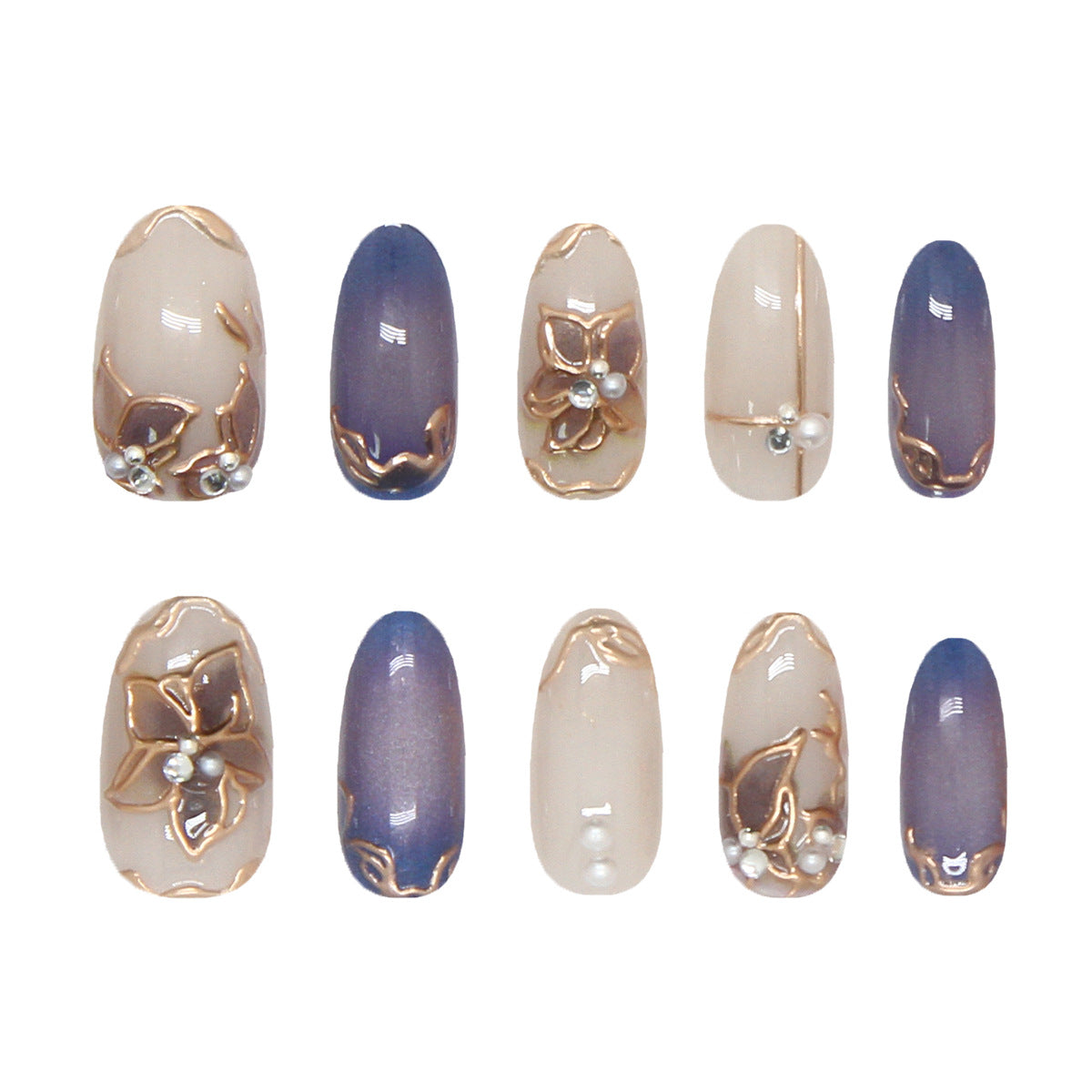 Elegant Floral Dream Medium Oval Dark Blue Ombre with Gold Accents Nail Set