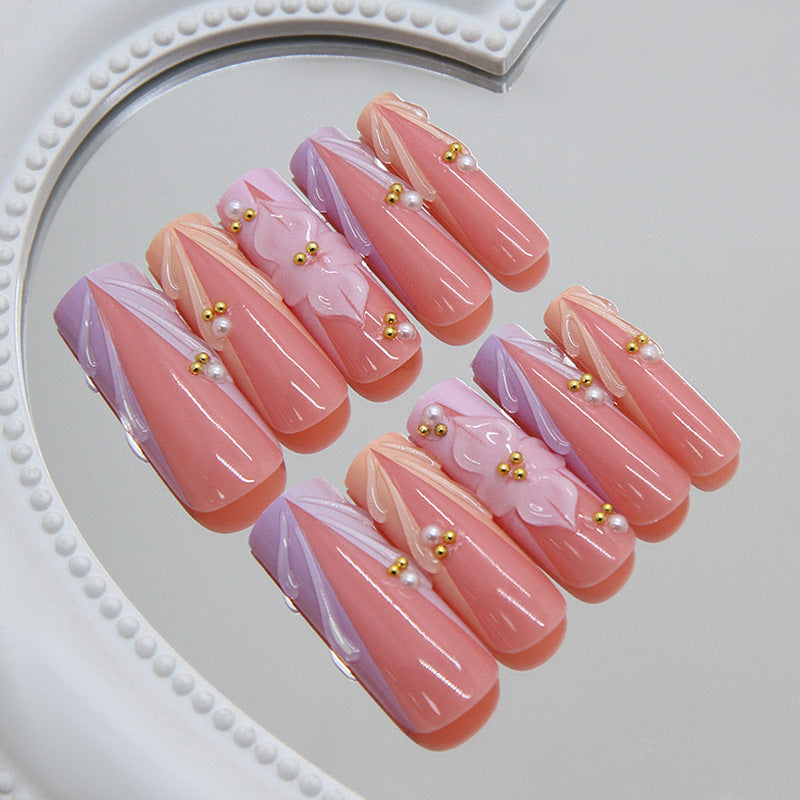 Charming Elegance Long Coffin Pink Press-On Nail Set with Unique Pearl Accents
