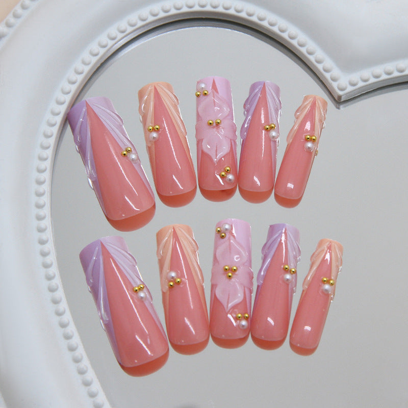 Whimsical Floral Long Square Pink and Lavender Nail Set with Pearl Accents