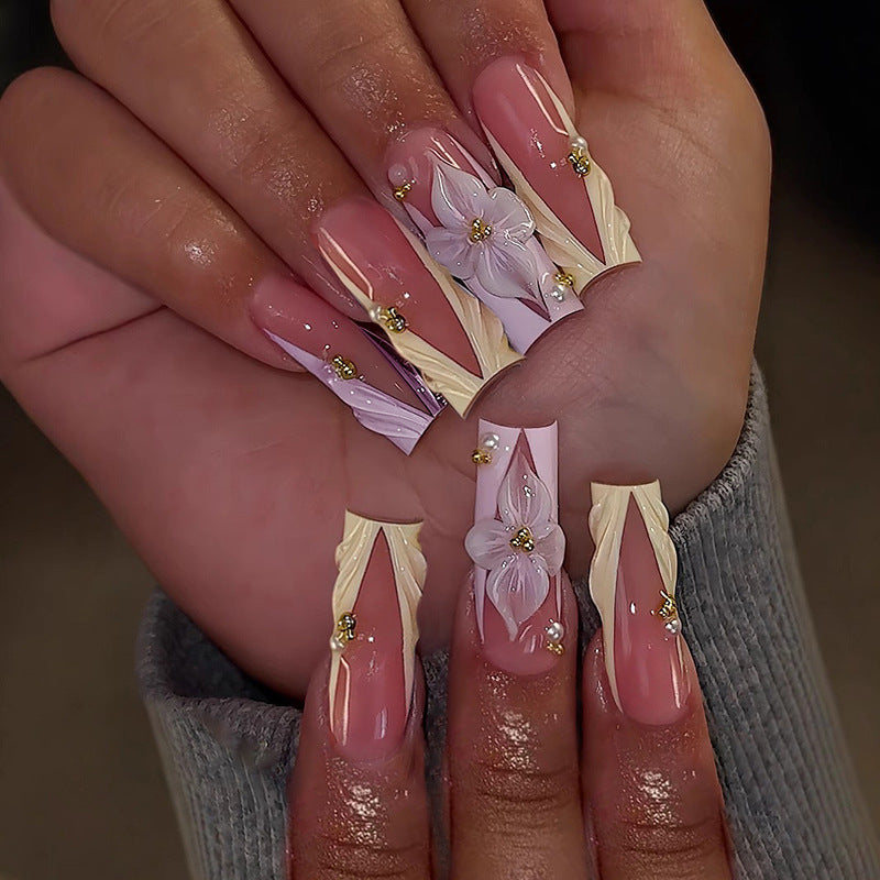 Elegant Floral Fantasy Long Square Pink with Floral Embellishments Press On Nail Set