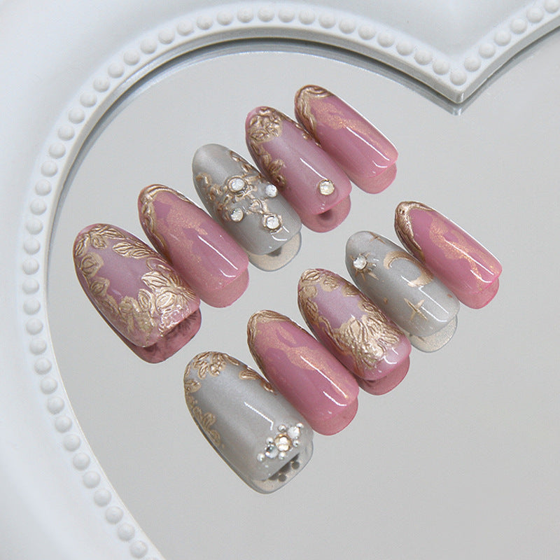 Elegant Floral Dream Medium Oval Pink and Grey Press On Nail Set with Glamorous Gemstone Accents