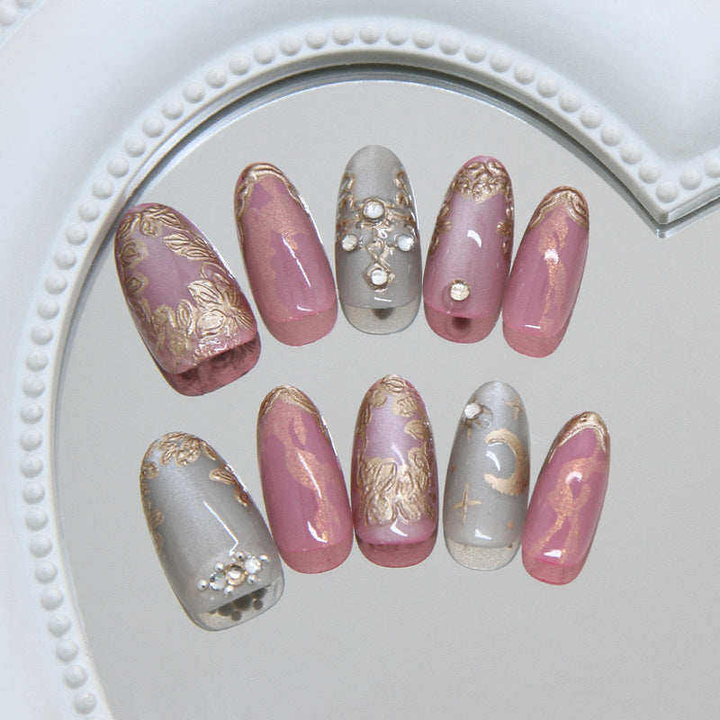 Bohemian Elegance Long Oval Pink and Gray with Gold Accents Press-On Nail Set