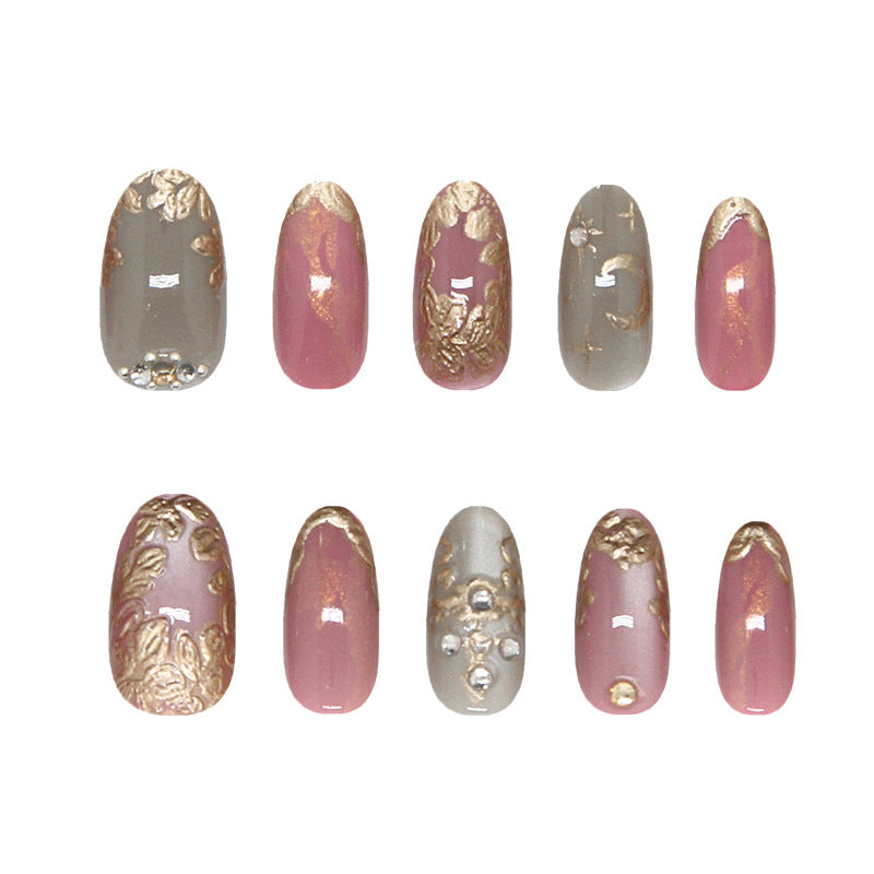 Glamorous Elegance Long Oval Blush Pink with Gold Floral Accents Press-On Nail Set
