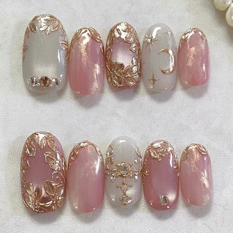 Dreamy Floral Elegance Short Oval Pink with Metallic Accents Press on Nail Set