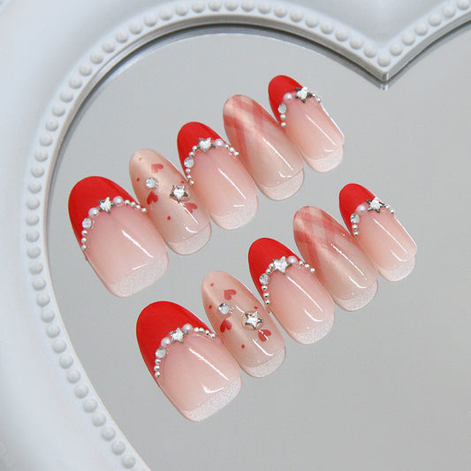 Romantic Elegance Long Oval Red with Pearl Accents Press on Nail Set