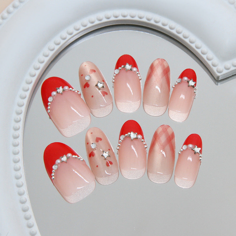 Romantic Red Medium Oval with Sparkling Star Accents Press On Nail Set