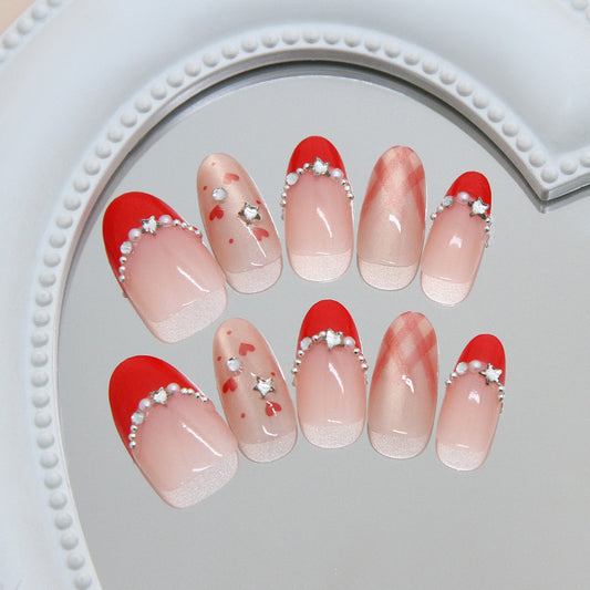 Romantic Red Medium Oval with Sparkling Star Accents Press On Nail Set