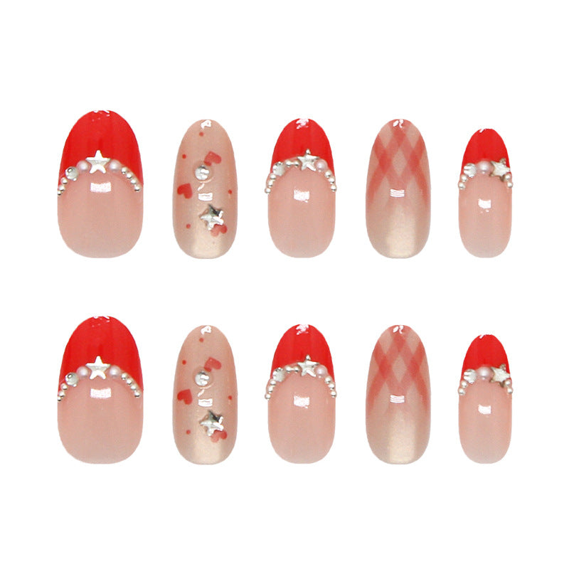 Charming Valentine Medium Round Red with Star Accents Press on Nail Set
