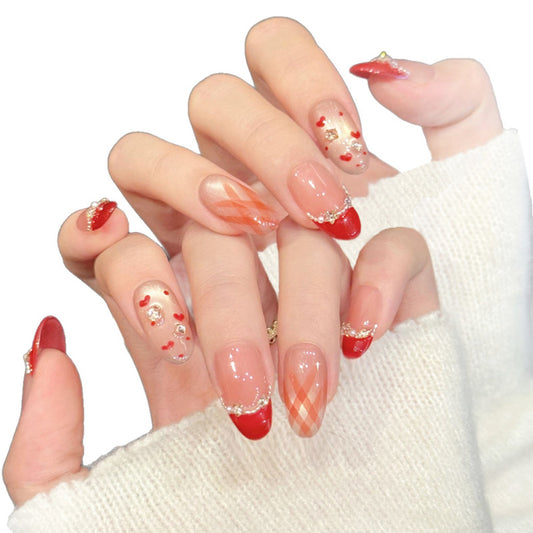 Charming Romance Medium Round Red Design with Glitter Accents Press on Nail Set