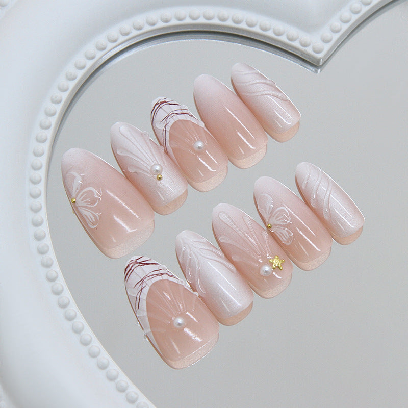 Elegant Blossom Medium Oval Blush Press On Nail Set with Pearlescent Accents