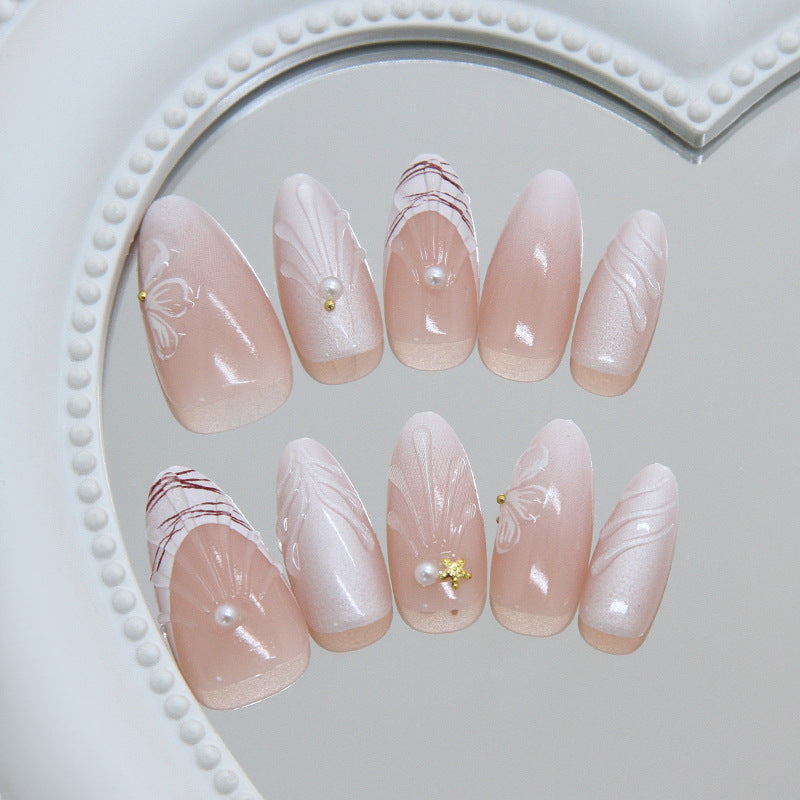 Whimsical Elegance Medium Almond Blush Pink with Intricate Floral Designs
