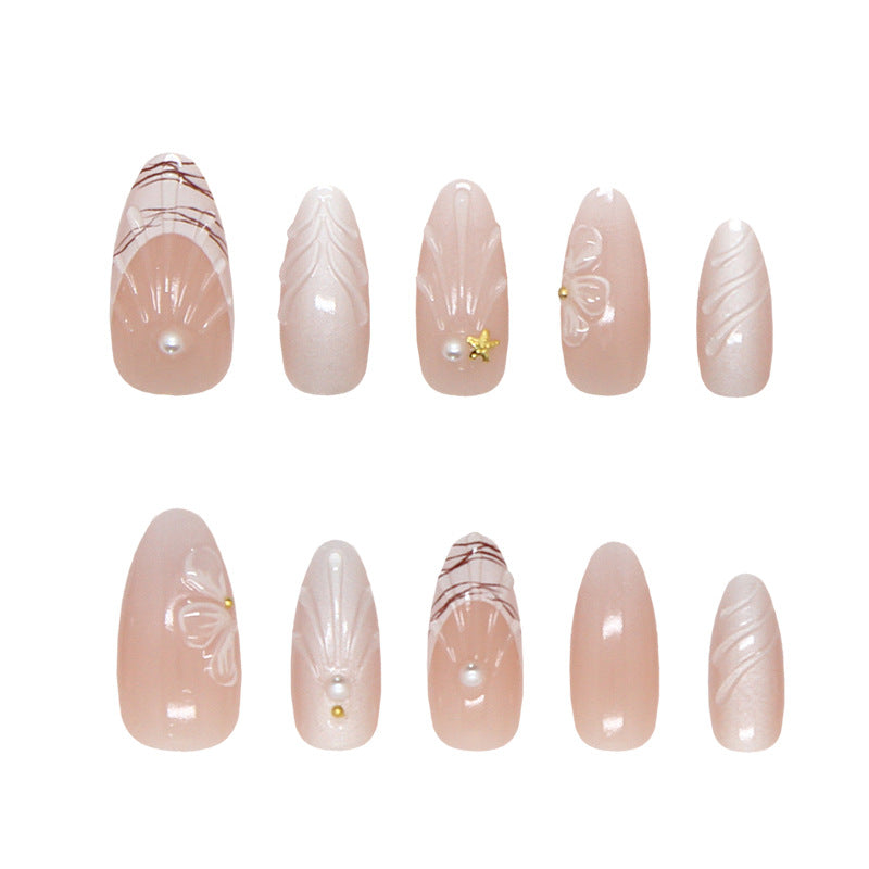 Elegant Blossom Medium Almond Blush Press On Nail Set with Intricate Floral Designs