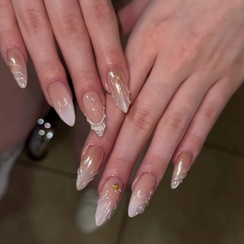 Ocean Breeze Medium Almond Ombre Press On Nail Set with Unique Shell Accents