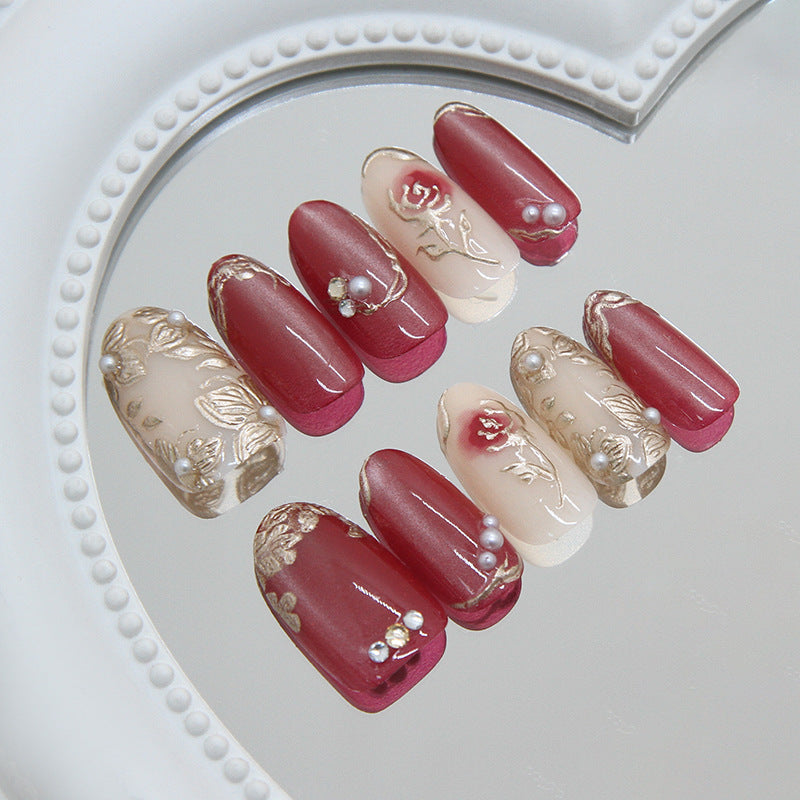 Romantic Elegance Medium Oval Red with Floral Designs and Pearls Press-On Nail Set