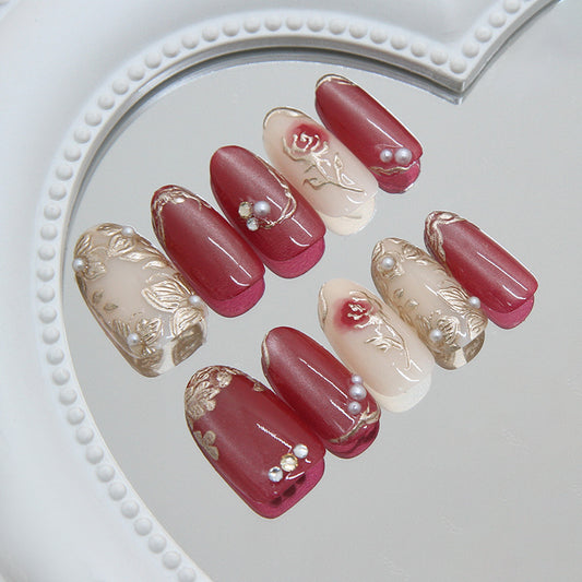 Romantic Elegance Medium Oval Red with Floral Designs and Pearls Press-On Nail Set