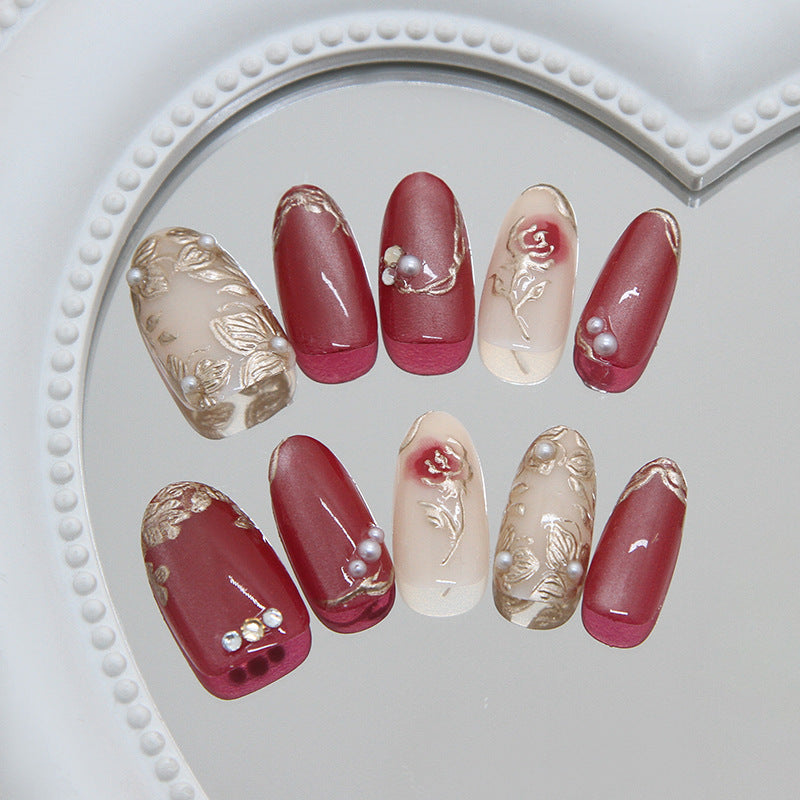 Romantic Charm Long Oval Burgundy Floral Press On Nail Set