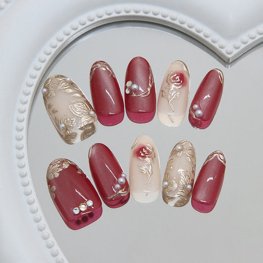 Romantic Charm Long Oval Burgundy Floral Press On Nail Set