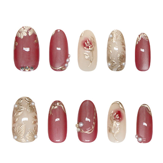 Elegant Floral Romance Long Oval Burgundy with Intricate Gold Accents Nail Set
